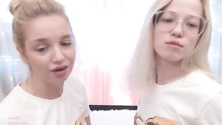 Blonde lesbian french kissing, fingering and tits teas.