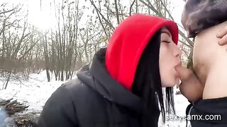 Slutty brunette gets fucked outdoor in cold Russian win
