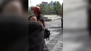 Bitch jerks off guy in public no shame