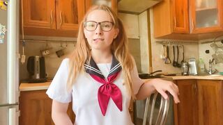 loly lola cosplay in japanese school uniform, girl masturbates & cums in the kitchen video