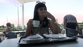 cindyangel flashing in a public cafe on a busy street, masturbation & orgasm. video