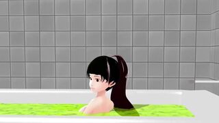 Cocoa Anime girl takes it all off in the bathtub.
