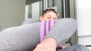 Aimee doing yoga barefoot