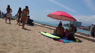 3 Young Teens in Bikinis Stroll on Beach-Candid Voyeur