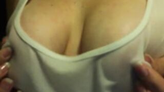Wet t-shirt nipple play in the kitchen