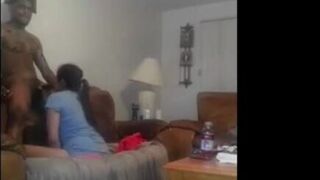 Latina sucking her husband long BBC on the couch