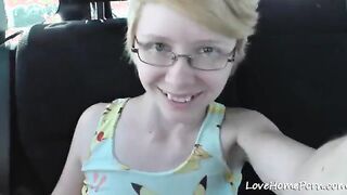 Nerdy blonde in her car masturbating